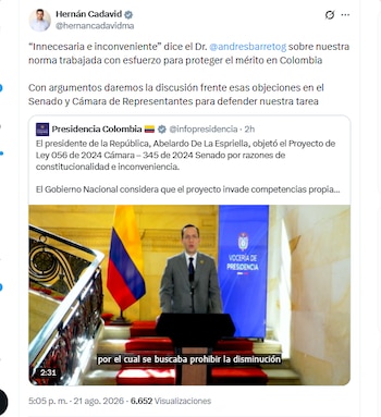 El congresista Hernán Cadavid aseguró que defenderá el proyecto de ley que objetó el Gobierno de De la Espriella - crédito @hernancadavidma/X