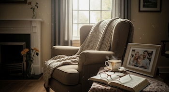 Un sillón con manta junto a una ventana soleada, una taza humeante, un libro abierto con gafas y un portarretratos con foto familiar.