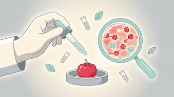 Ilustración de una mano con cuentagotas sobre una fruta roja en un recipiente, junto a una lupa que muestra estructuras moleculares.