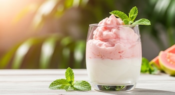 Mousse rosa pálido de guayaba sobre capa blanca de yogur en copa de vidrio transparente, decorado con hojas de menta, sobre mesa de madera clara con guayabas al fondo.
