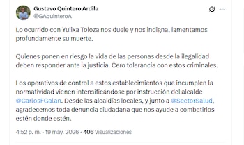 El secretario de Gobierno Gustavo Quintero Ardila rechazó el asesinato de Yulixa Toloza - crédito @GAquinteroA/X