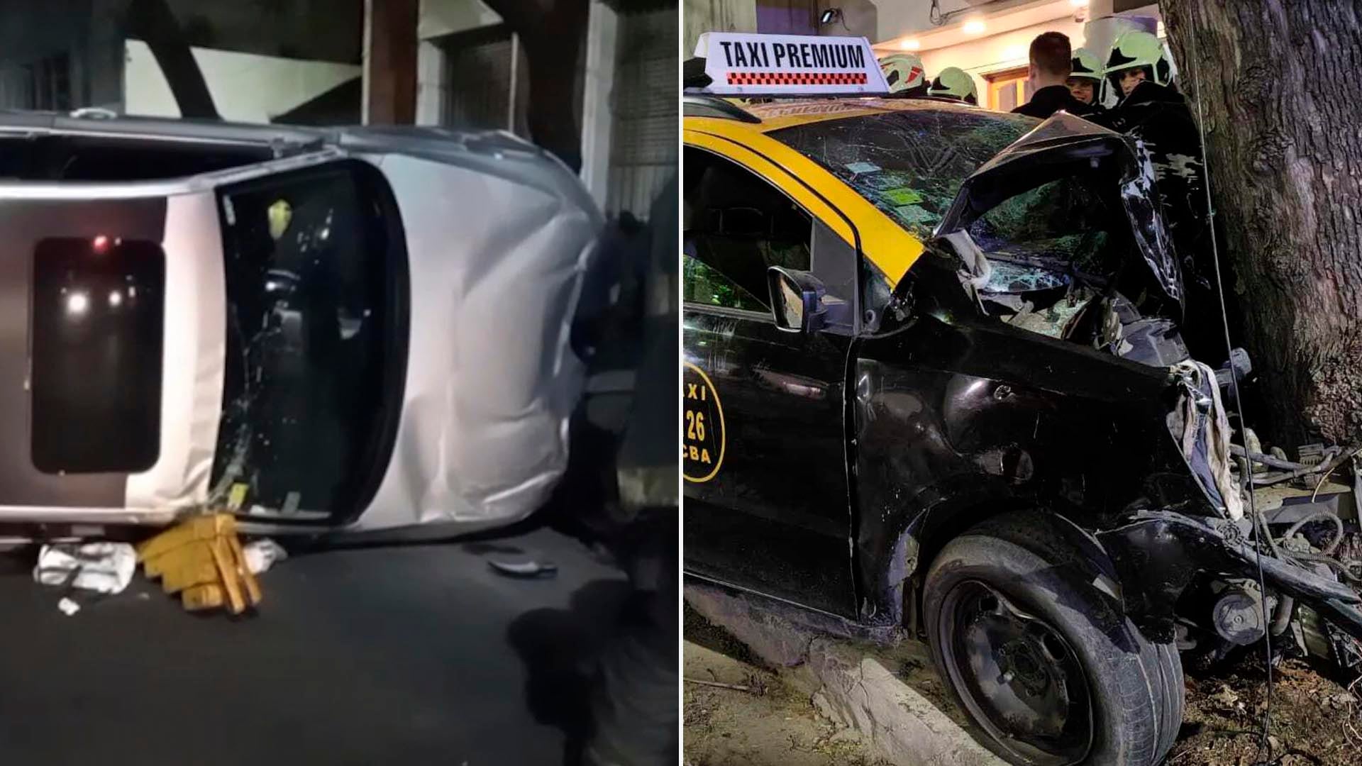 Un taxi colisionó contra un árbol y un vehículo volcó de costado durante un choque nocturno en el barrio porteño de Belgrano.