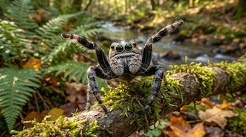 Primer plano de una araña saltarina de cuerpo peludo oscuro y ojos grandes y verdes sobre un tronco musgoso, con helechos y un arroyo al fondo.