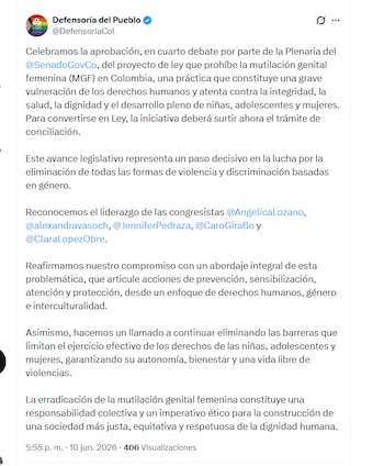 La Defensoría del Pueblo informó que la aprobación del proyecto de ley que prohíbe la mutilación genital femenina debe surtir un trámite de conciliación - crédito @DefensoriaCol7X