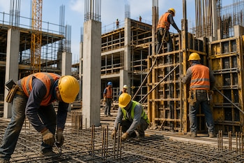 Trabajadores con cascos y chalecos de seguridad atan mallas de metal y montan paneles de encofrado en un edificio en obras.