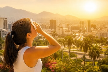 Una mujer se seca la frente con un pañuelo frente a un panorama urbano iluminado por un sol brillante.