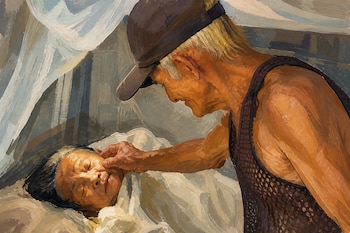 Ilustración de un hombre con gorra oscura tocando la mejilla de una mujer acostada en una cama con sábanas blancas y un mosquitero.