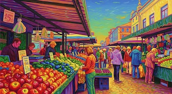 Un mercado al aire libre con puestos llenos de frutas y verduras coloridas, personas comprando y vendedores, bajo toldos, con edificios al fondo.