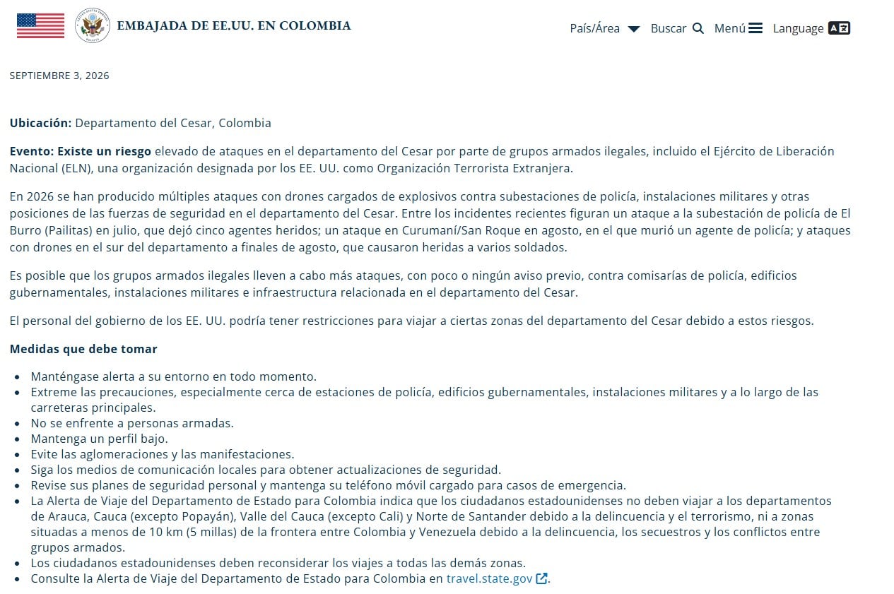 La Embajada de Estados Unidos en Colombia emitió una alerta de seguridad por el riesgo de nuevos ataques de grupos armados ilegales en el departamento del Cesar - crédito Embajada de Estados Unidos en Colombia