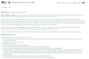 La Embajada de Estados Unidos en Colombia emitió una alerta de seguridad por el riesgo de nuevos ataques de grupos armados ilegales en el departamento del Cesar - crédito Embajada de Estados Unidos en Colombia