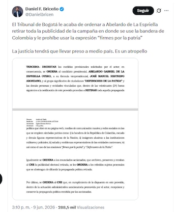 El congresista electo Daniel F. Briceño rechazó orden de retirar la propaganda electoral de Abelardo de la Espriella que tenga símbolos patrios - crédito @Danielbricen/X
