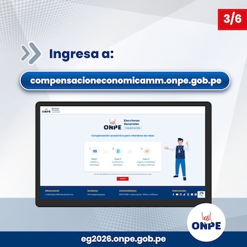 Pantalla de computadora mostrando la plataforma web de ONPE para la compensación de miembros de mesa, con la dirección "compensacioneconomicamm.onpe.gob.pe"