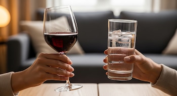 Primer plano de dos manos sosteniendo un vaso de vino tinto y un vaso de agua con hielo, con un sofá borroso al fondo.