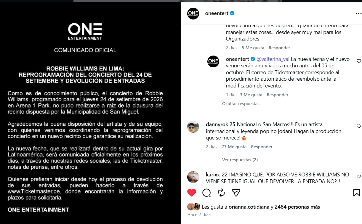 Productora respondió a preocupación de fans de Robbie Williams. One Entertainment/ IG