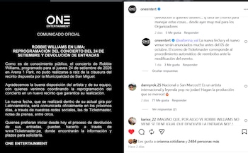 Productora respondió a preocupación de fans de Robbie Williams. One Entertainment/ IG