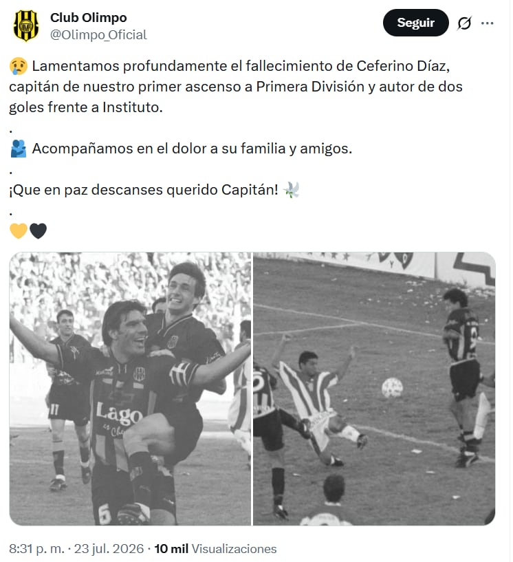 El mensaje de Olimpo por la muerte de Ceferino Díaz