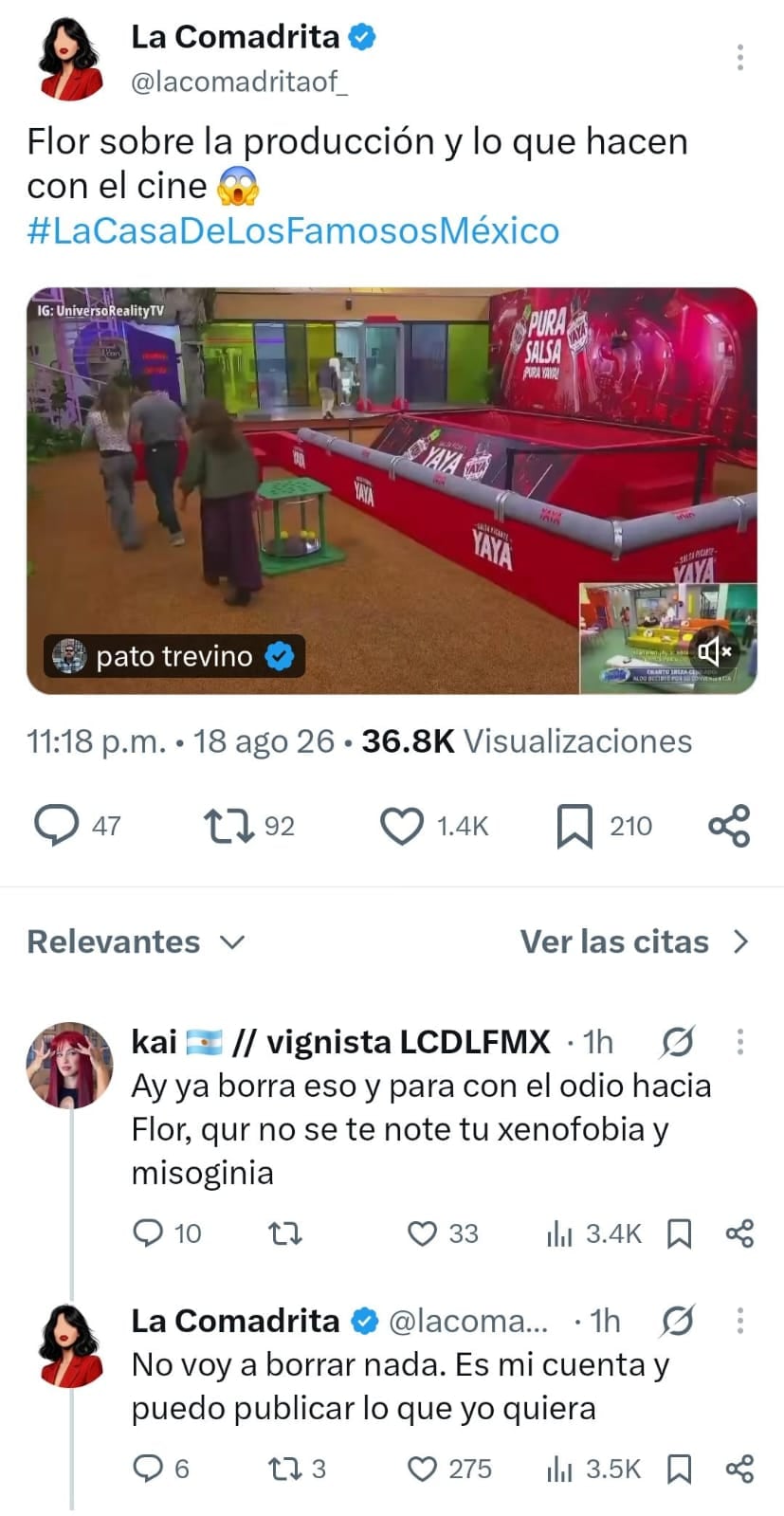 Comentario de Flor Vigna contra la producción de La Casa de los Famosos México genera polémica en X. (X)