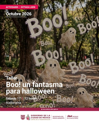 Cartel con figuras de tela en forma de fantasmas en un sendero arbolado, acompañadas por la palabra Boo y datos informativos sobre un taller