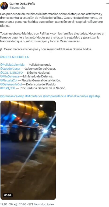 Gumer de la Peña pide acciones urgentes y expresa solidaridad por atentado a la Policía - crédito @gumerdlp/X