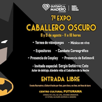 Póster informativo negro con texto amarillo y blanco para la 7ª Expo Caballero Oscuro, con silueta de Batman y logo de la Alcaldía Gustavo A. Madero