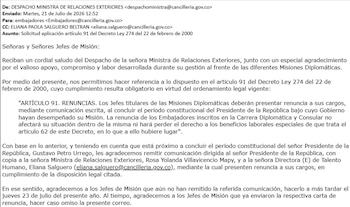 La instrucción de la Cancillería quedó asentada en un correo enviado el 21 de julio por la ministra Rosa Yolanda Villavicencio - crédito Captura de Pantalla X/Caracol Radio