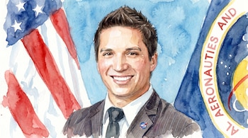 Ilustración en acuarela de un hombre sonriente, vestido con traje y corbata, con un pin de la NASA en la solapa, sobre un fondo de la bandera de EE. UU. y un emblema.