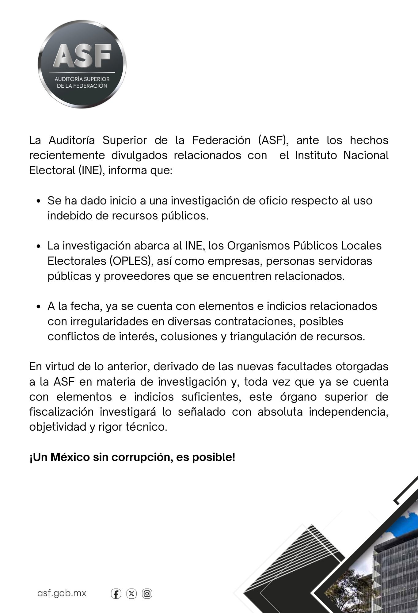 Comunicado de la ASF sobre la investigación de oficio contra el INE. Crédito: X - @ASF_Mexico