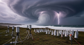Tormenta con nubes arremolinadas y rayos sobre el mar. En tierra, sensores de infrasonido cónicos y equipos de monitoreo sobre trípodes.