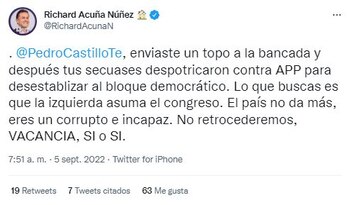 Tuit de Richard Acuña donde