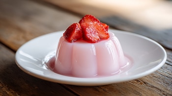 Gelatina firme con base blanca de leche y capa rosa de fresa, adornada con trozos de fruta fresca encima. – (Imagen Ilustrativa Infobae)