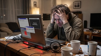 Un hombre frustrado se agarra la cabeza frente a una laptop encendida sobre una mesa de madera, que muestra ventanas de error por sobrecalentamiento y aplicaciones de IA.