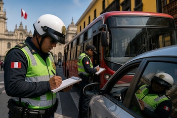 Un policía de tránsito escribe en una tabla de apuntes frente a un auto gris, mientras otro agente inspecciona un autobús rojo.
