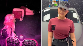 Díptico: mujer de cabello rosa y vestido rojo sobre capó de BMW oscuro; la misma mujer sonriendo en uniforme policial con gorra y esposas