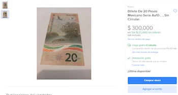 Billete galardonado de 20 pesos.