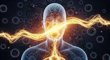 Figura humana transparente con cerebro visible, rodeada de partículas oscuras, de la que emana una energía dorada luminosa que se extiende por el cuerpo.