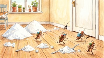 Cuatro cucarachas de caricatura huyen de montones de polvo blanco y cubos de azúcar en un suelo de madera. Hay cucharas, un gato, plantas y una grieta.