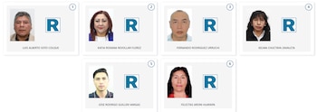 Seis recuadros con fotos de tipo pasaporte de candidatos a diputados. Cuatro son hombres y dos mujeres, con sus nombres y un logo 'R' en cada recuadro