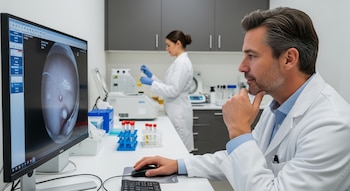 Un urólogo caucásico con barba, con bata blanca, examina una pantalla de computadora mostrando imágenes de órganos internos. En el fondo, una técnica trabaja.