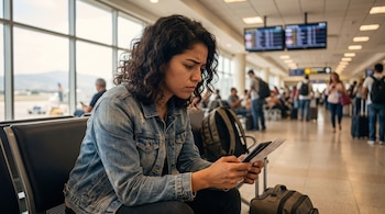 Mujer sentada en banco de aeropuerto con celular, boleto, chaqueta de mezclilla y mochila. Tableros de salidas, ventanas y personas al fondo.