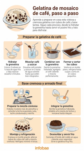 Ilustraciones de manos, ingredientes, utensilios de cocina, moldes y gelatina de café en sus etapas de preparación, corte, montaje y desmolde para servir.