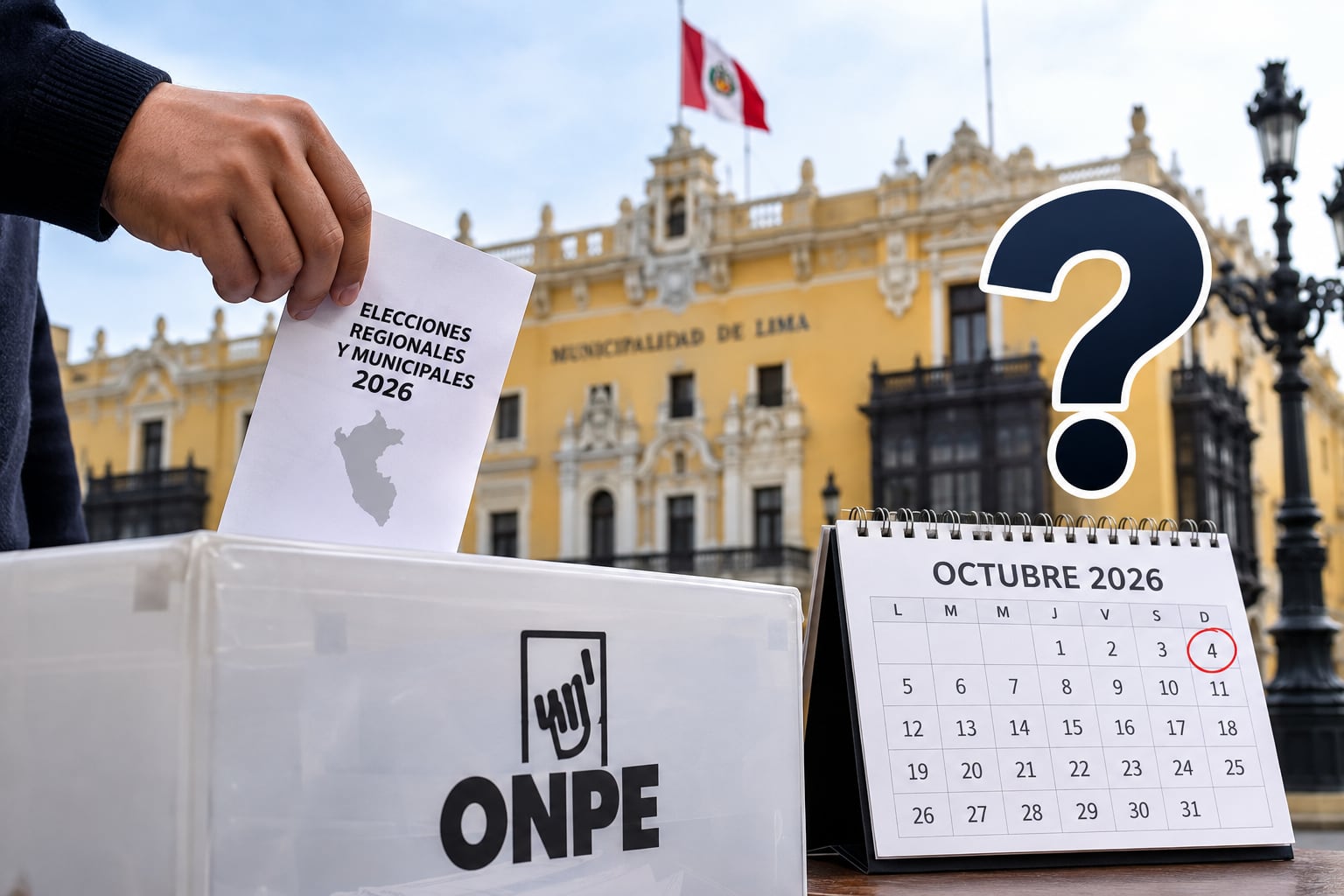 Una cédula de votación de las Elecciones Regionales y Municipales 2026 ante el Palacio Municipal de Lima señala el proceso electoral organizado por la ONPE para octubre de 2026. (Imagen Ilustrativa Infobae)