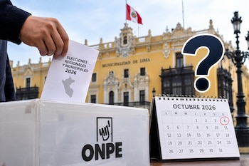 Una mano introduce un voto en una urna de la ONPE, junto a un calendario de octubre de 2026 y la sede de la Municipalidad de Lima