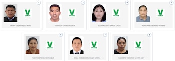 Cuatro paneles muestran fotografías de cuatro hombres con nombres debajo y símbolo. Candidatos a diputados por Piura