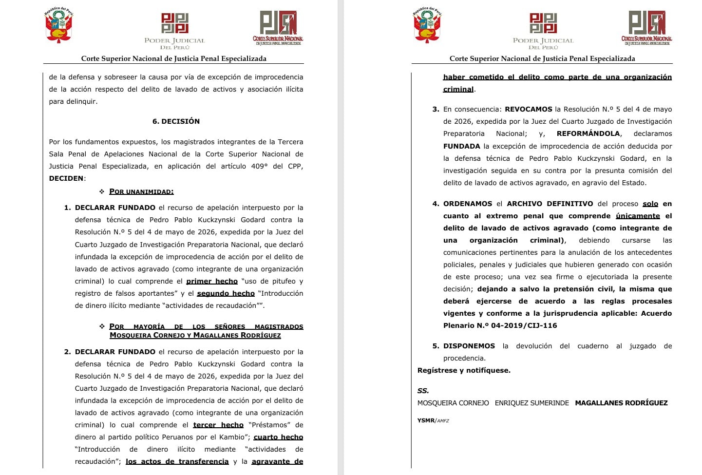 La Tercera Sala Penal de Apelaciones de Perú declara fundada la apelación de Pedro Pablo Kuczynski y ordena el archivo definitivo de su proceso por lavado de activos.