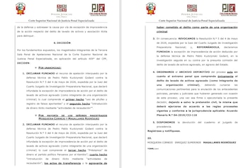 Dos páginas de una resolución judicial del Poder Judicial del Perú con encabezados oficiales y texto impreso sobre una decisión legal