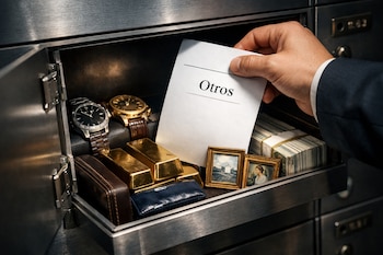 Mano de persona con traje introduce papel con la palabra "Otros" en caja de seguridad bancaria abierta con lingotes de oro, relojes, dinero y cuadros pequeños.