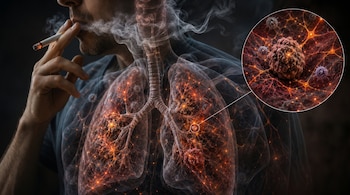 Imagen de un hombre fumando un cigarrillo, con una superposición transparente que muestra los pulmones y una red brillante. Un círculo ampliado revela una masa tumoral.