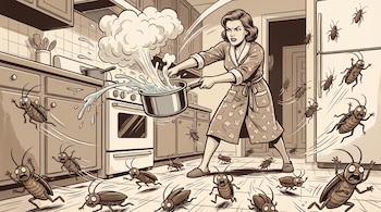 Ilustración de una mujer en una cocina que lanza agua caliente de una olla mientras cucarachas corren por el suelo y el refrigerador.