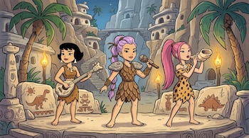 Tres personajes femeninos con vestimenta prehistórica e instrumentos de piedra se encuentran en una aldea con palmeras y antorchas
