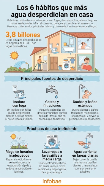 Infografía de una casa. Muestra un inodoro con fuga, un grifo goteando, una persona duchándose, un jardín regado, una lavadora, un lavavajillas y una persona cepillándose los dientes. Incluye texto sobre el desperdicio de 3,8 billones de litros de agua anuales en Estados Unidos.
